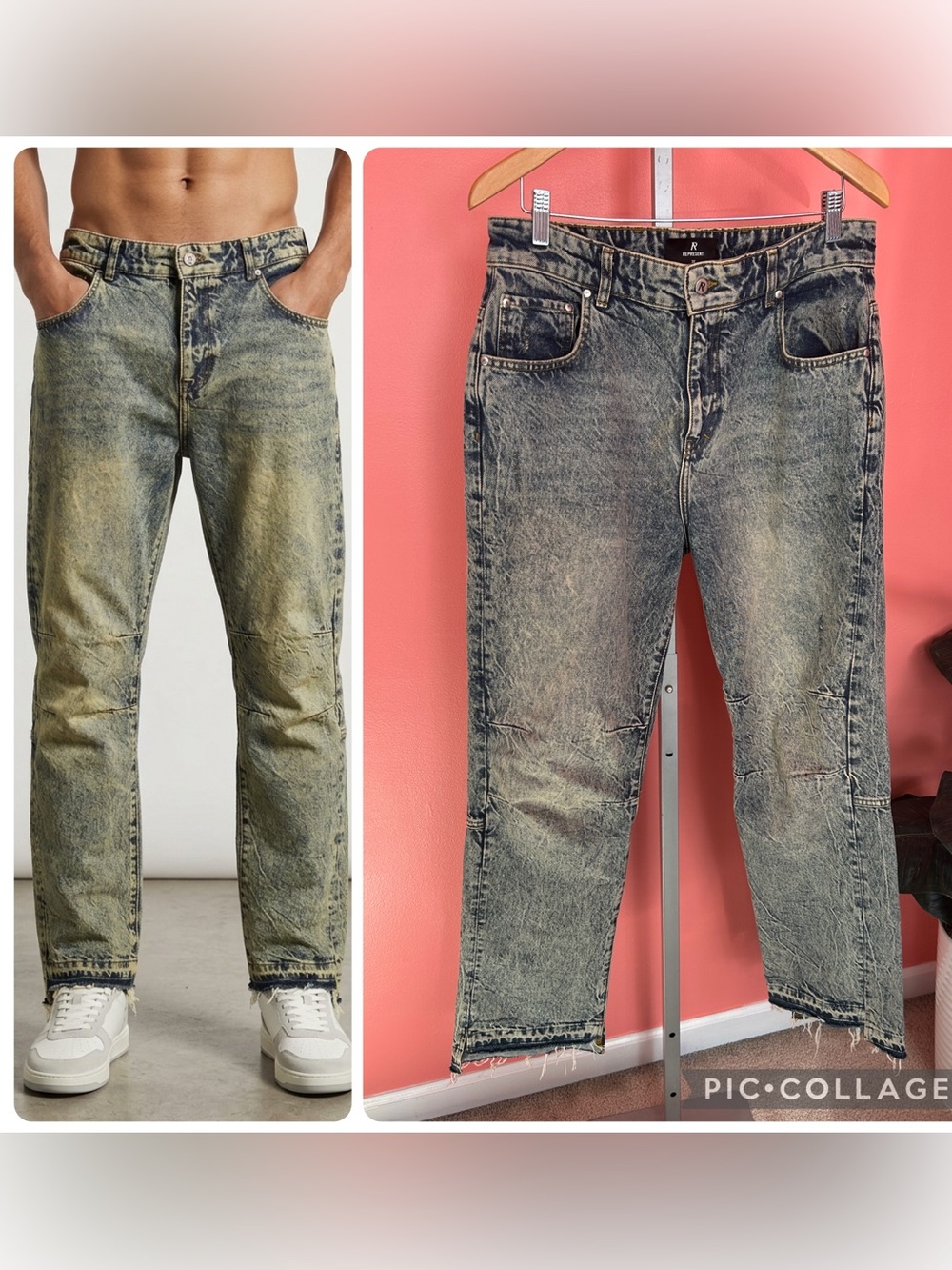 Represent R2 Stepped Hem Denim Jeans Acid Wash Distressed Frayed